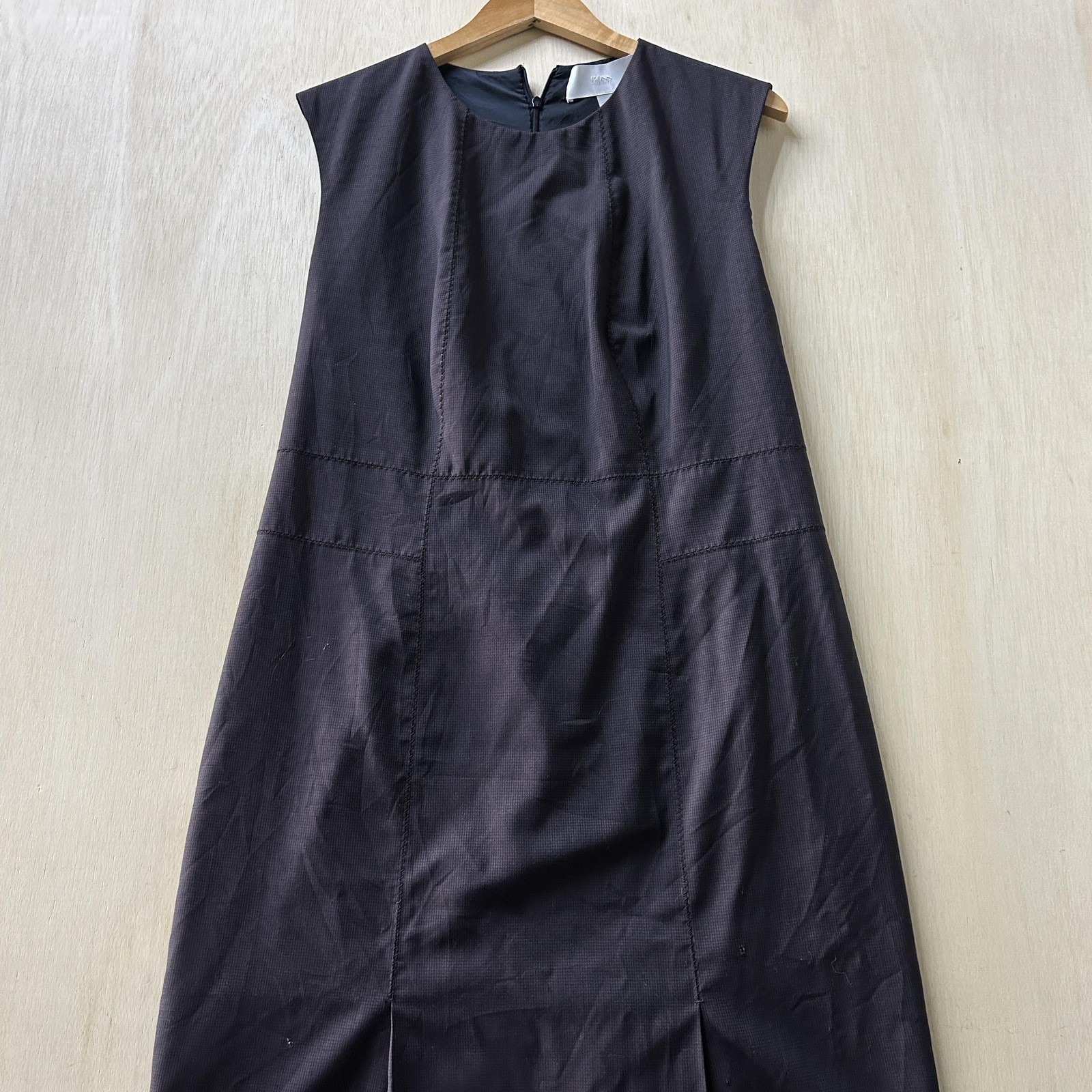 Boss Dress Womens 12 Black Check Sleeveless Sheath Knee Length Pleated Workwear